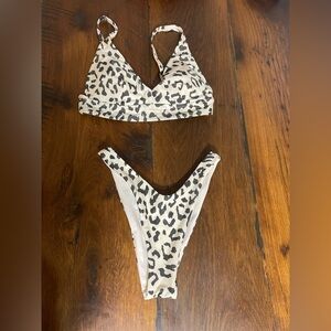 Aerie White with Gray Cheetah Print Bikini with High Rise Bottoms
